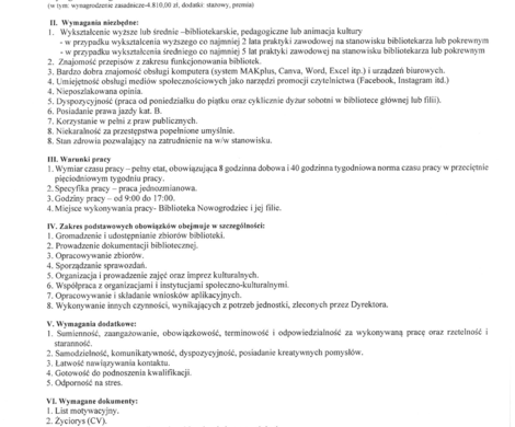 Nabór na stanowisko:  BIBLIOTEKARZ