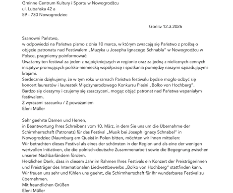 XVIII Międzynarodowy Festiwal „Muzyka u Józefa Ignacego Schnabla” w Nowogrodźcu - Patronaty Honorowe