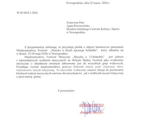 XVIII Międzynarodowy Festiwal „Muzyka u Józefa Ignacego Schnabla” w Nowogrodźcu - Patronaty Honorowe