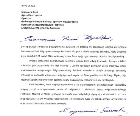 XVIII Międzynarodowy Festiwal „Muzyka u Józefa Ignacego Schnabla” w Nowogrodźcu - Patronaty Honorowe