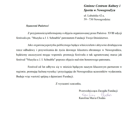 XVIII Międzynarodowy Festiwal „Muzyka u Józefa Ignacego Schnabla” w Nowogrodźcu - Patronaty Honorowe